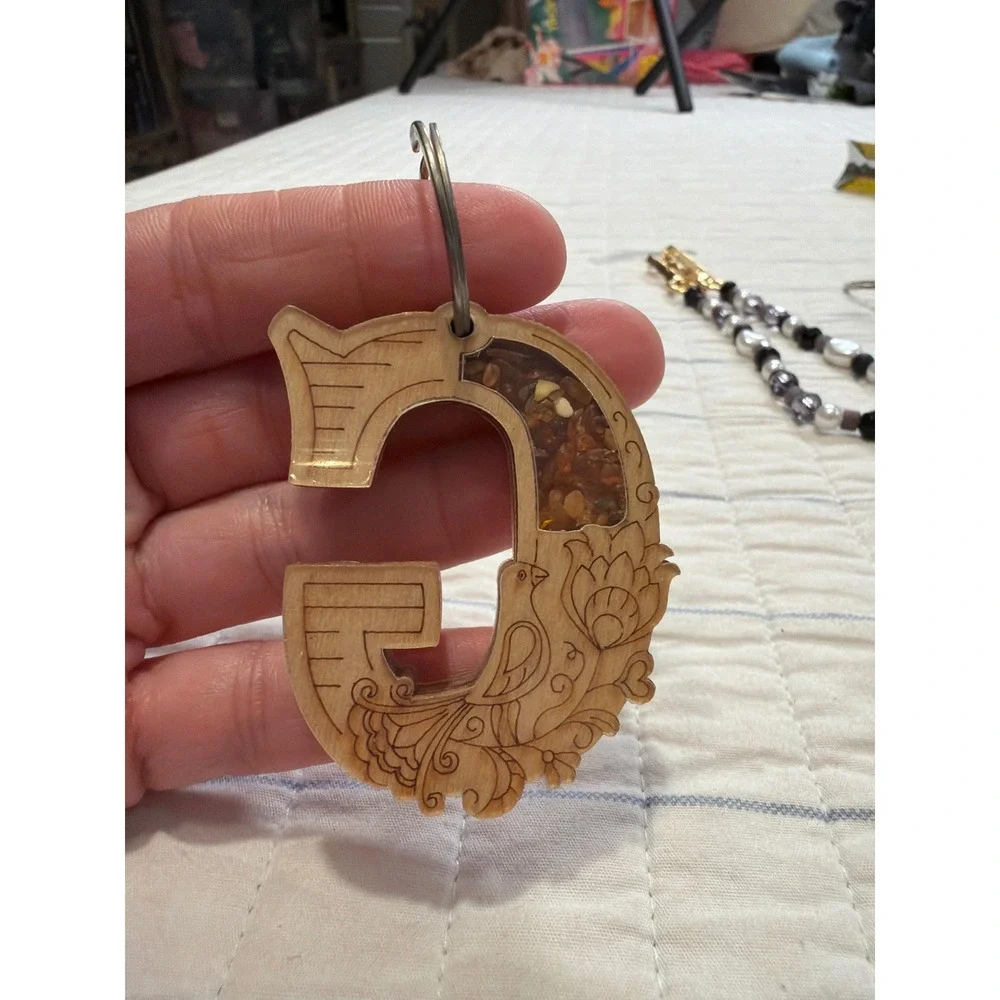 Wooden Letter G Keychain with Amber Stone Inlay Floral Bird Etched Wood Charm